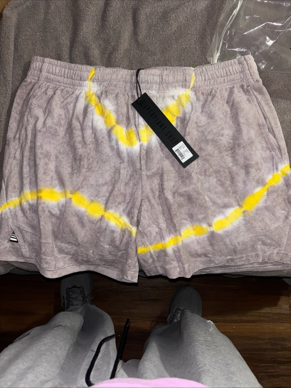 Paperplane Men's Athletic Shorts in Light Gray with Yellow Tie-Dye